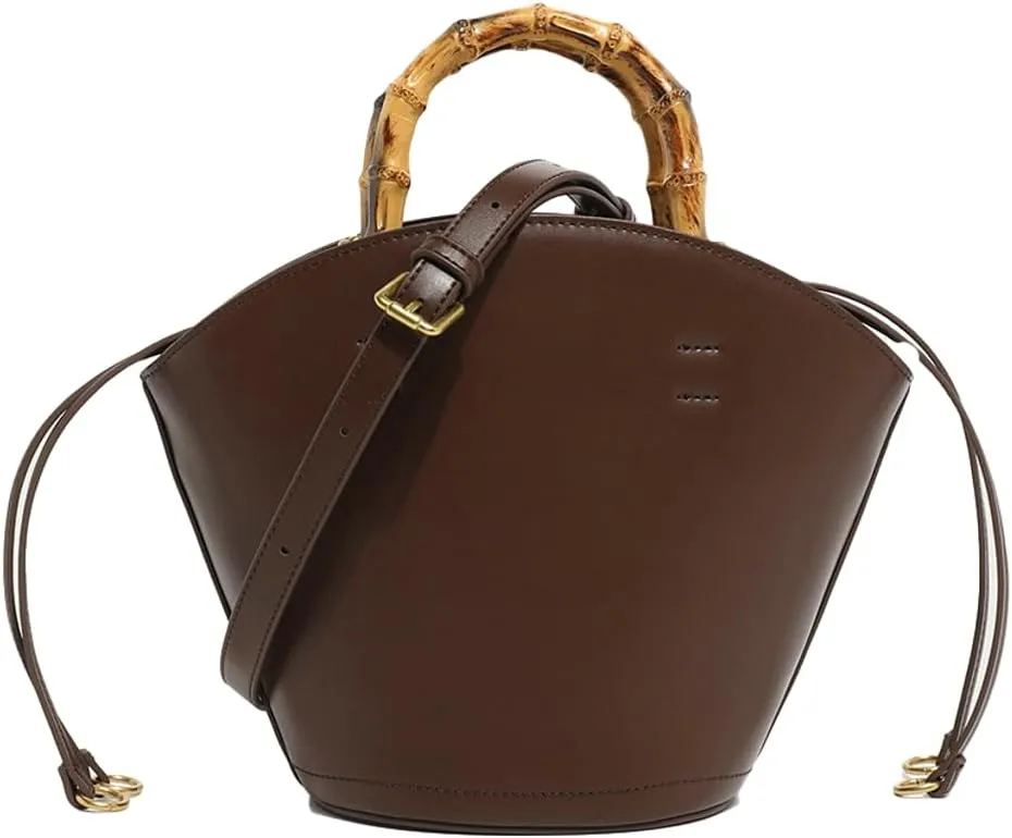 Vegan Leather Handbag for Women Small Bucket Shoulder Crossbody Purse Tote Clutch Designer Satchel with Bamboo Handle