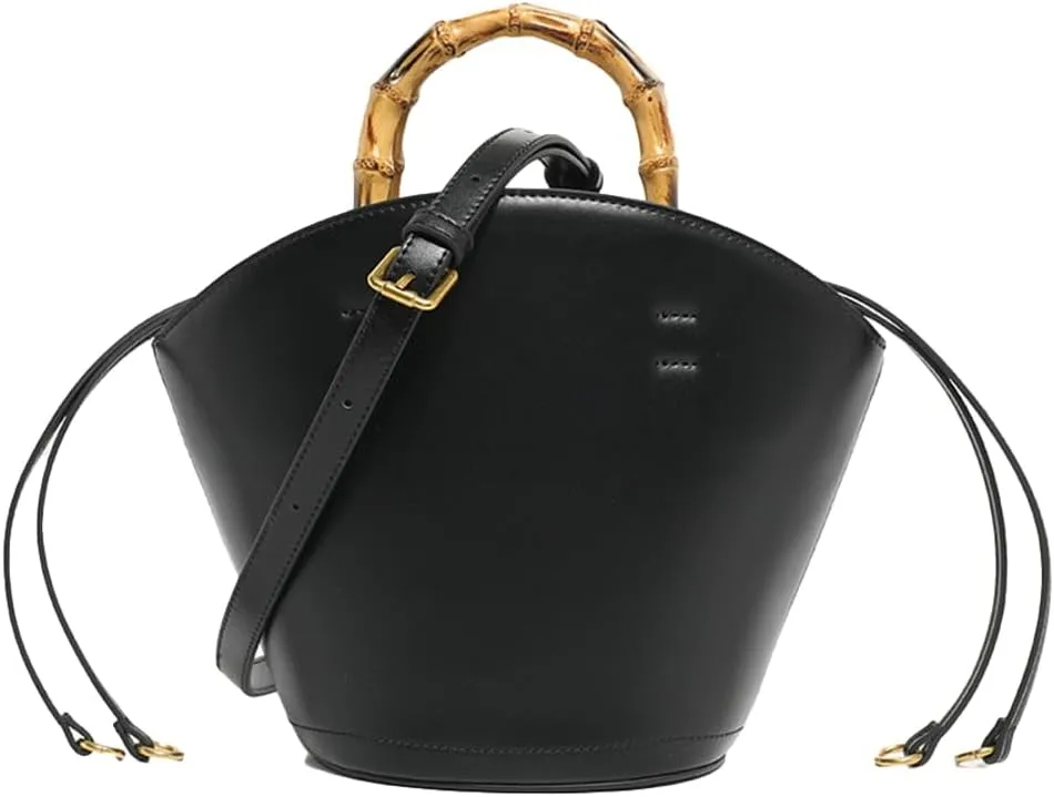 Vegan Leather Handbag for Women Small Bucket Shoulder Crossbody Purse Tote Clutch Designer Satchel with Bamboo Handle