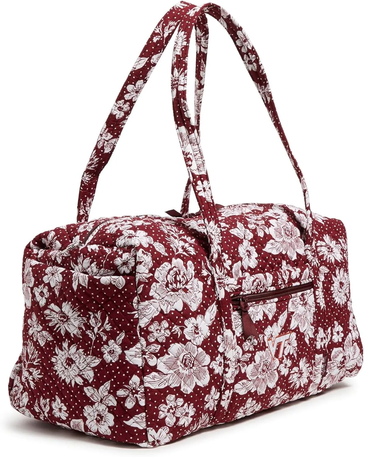 Vera Bradley Women's Cotton Collegiate Large Travel Duffle Bag (Multiple Teams Available), Maroon/White Rain Garden With Virginia Tech - Recycled Cotton, One Size