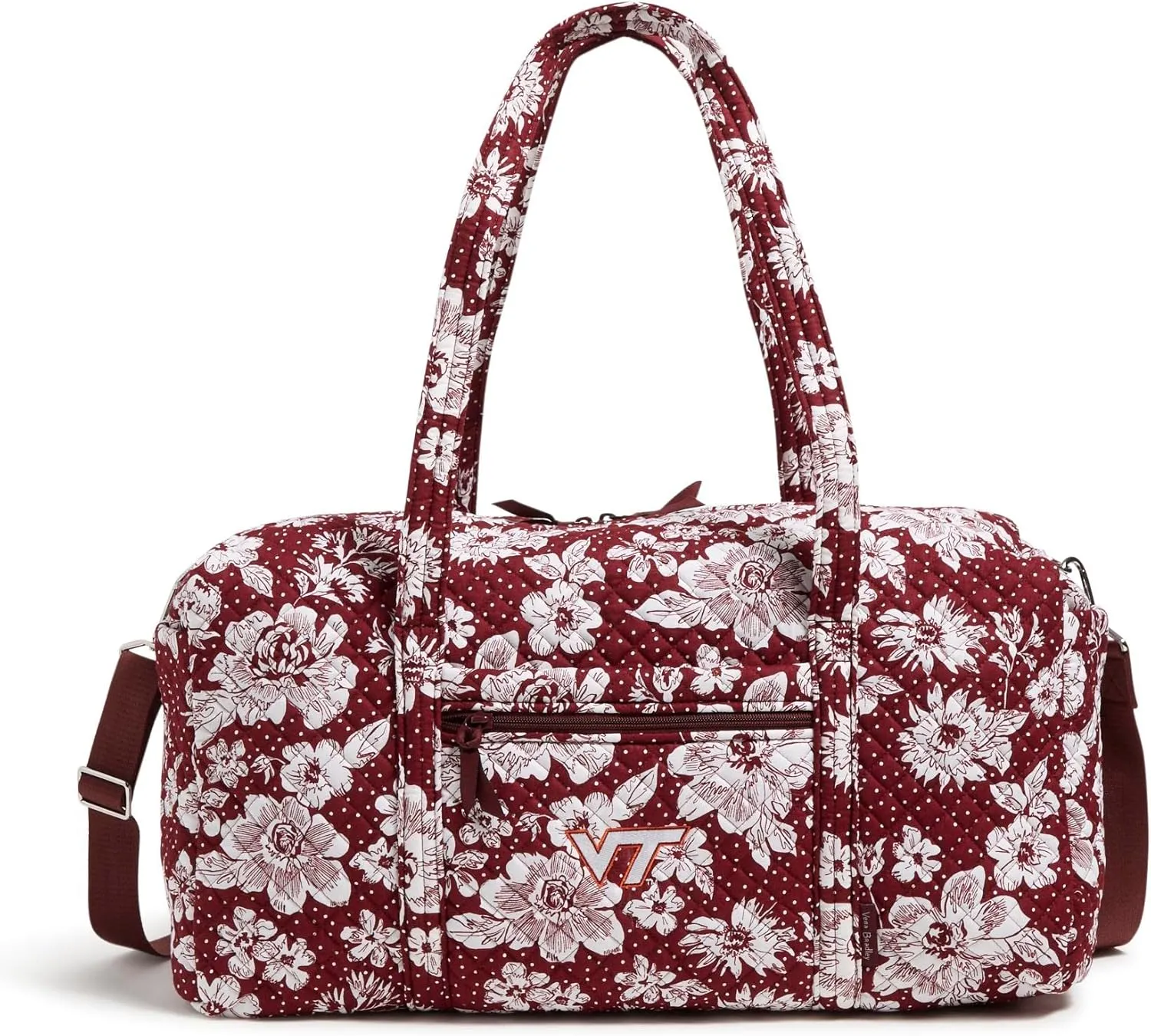 Vera Bradley Women's Cotton Collegiate Large Travel Duffle Bag (Multiple Teams Available), Maroon/White Rain Garden With Virginia Tech - Recycled Cotton, One Size