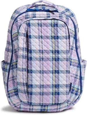 Vera Bradley Women's Cotton Large Travel Backpack Travel Bag, Amethyst Plaid - Recycled Cotton, One Size