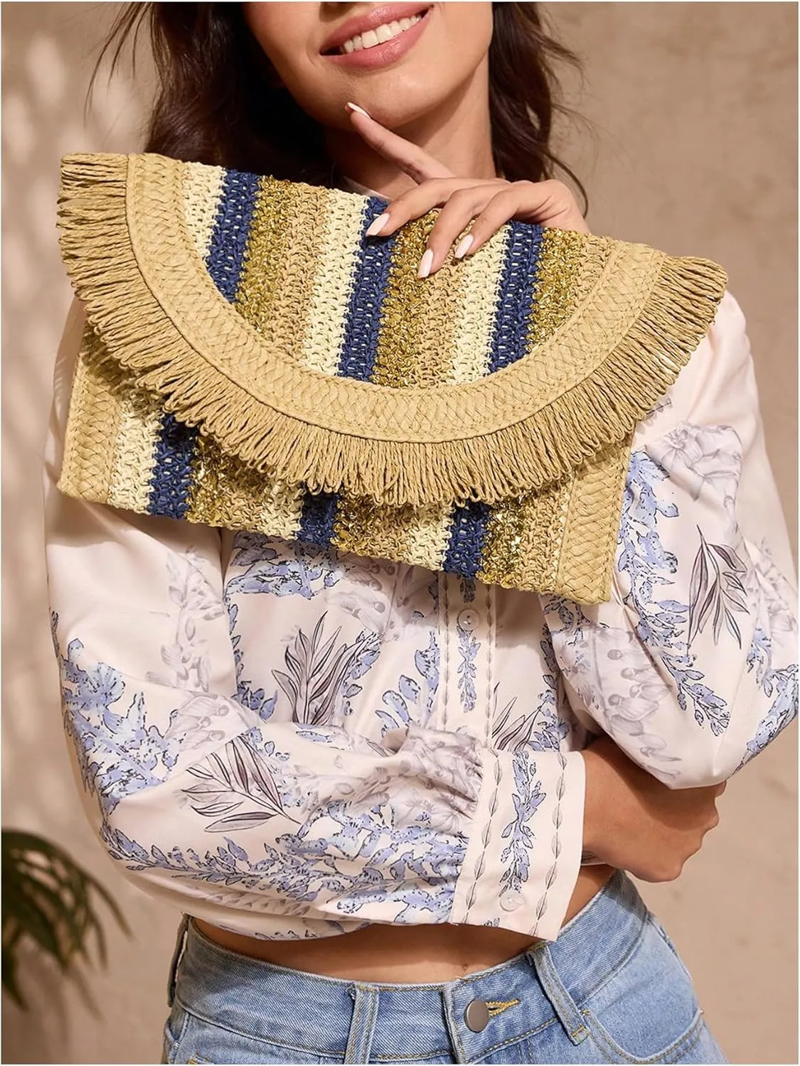 Verdusa Women's Fringe Straw Clutch Purses Woven Handbags Envelope Bag Wallet