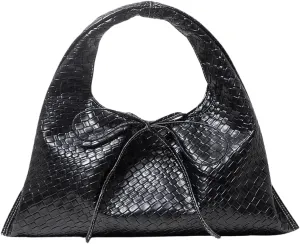 Verdusa Women's Woven Leather Clutch Handbag Bow Tie Snap Top Handle Strap Underarm Purses