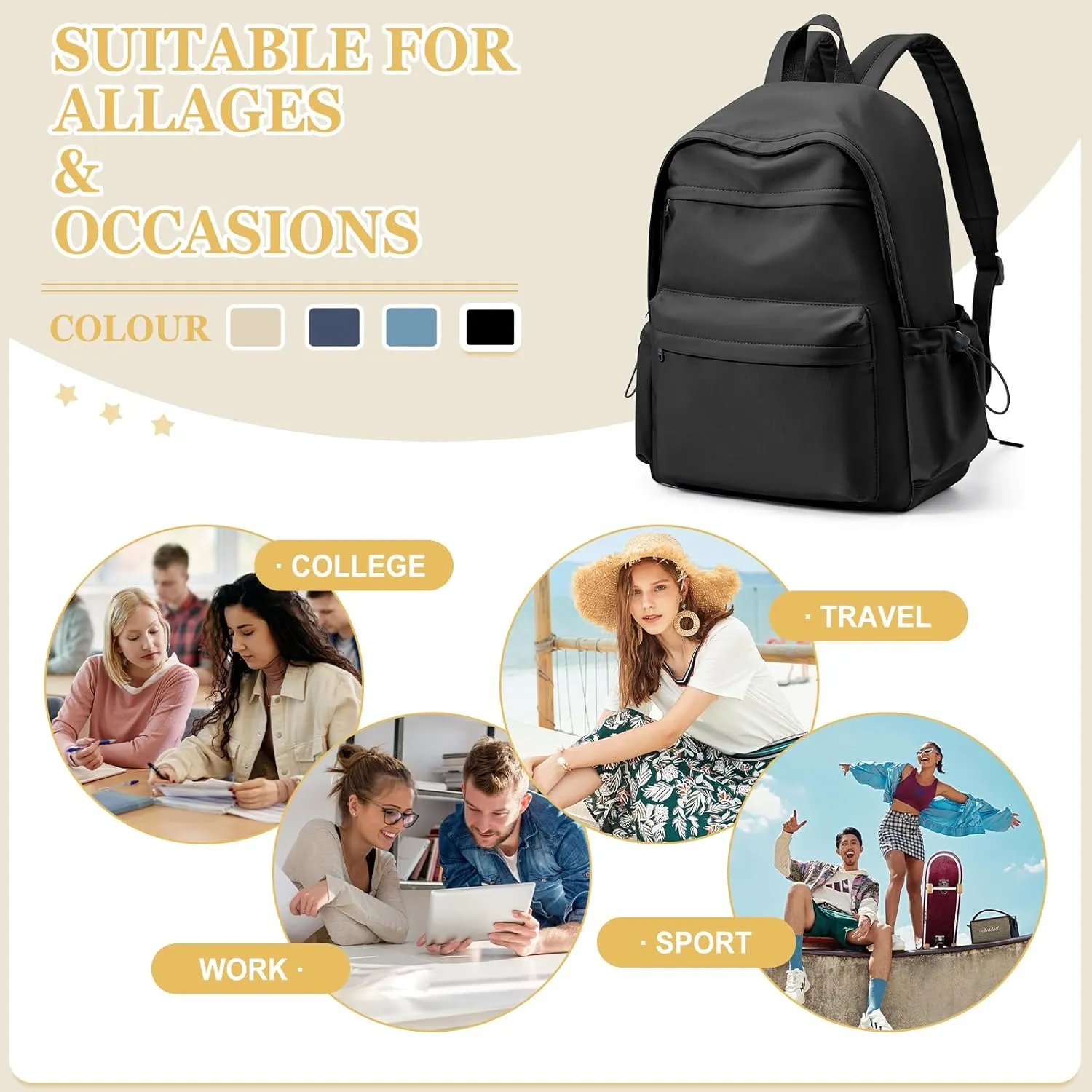 VGCUB School Backpack Waterproof Cute Aesthetic Simple High School Bag Lightweight Travel Casual Bookbag for Middle Girls Boys College Basic Teen Backpacks Women Men Black
