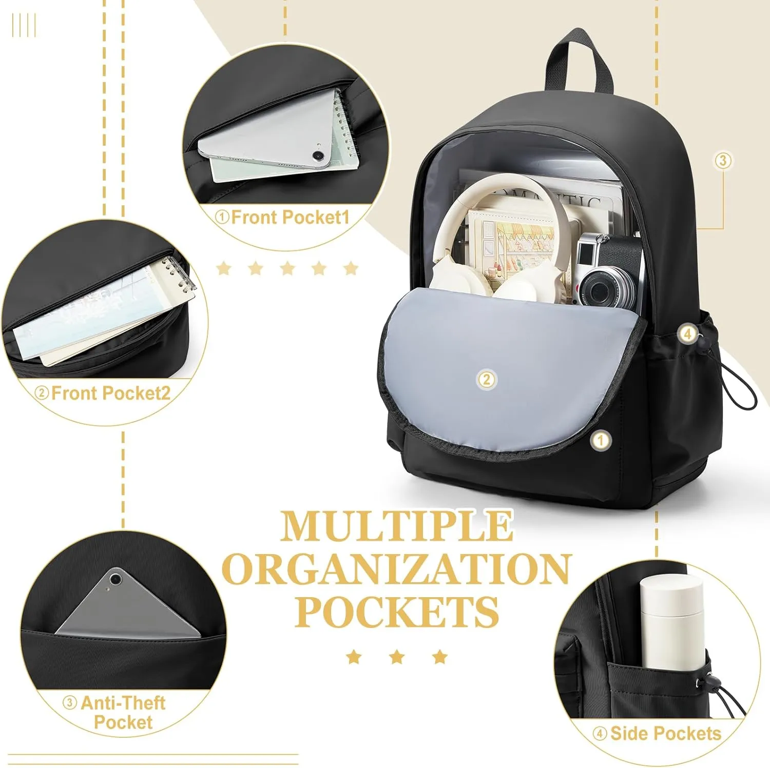 VGCUB School Backpack Waterproof Cute Aesthetic Simple High School Bag Lightweight Travel Casual Bookbag for Middle Girls Boys College Basic Teen Backpacks Women Men Black