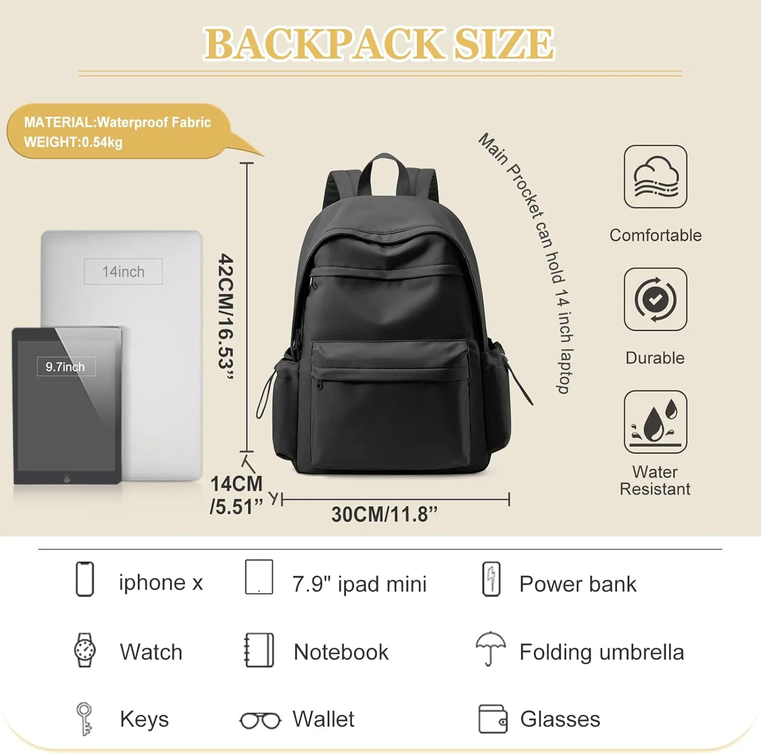 VGCUB School Backpack Waterproof Cute Aesthetic Simple High School Bag Lightweight Travel Casual Bookbag for Middle Girls Boys College Basic Teen Backpacks Women Men Black