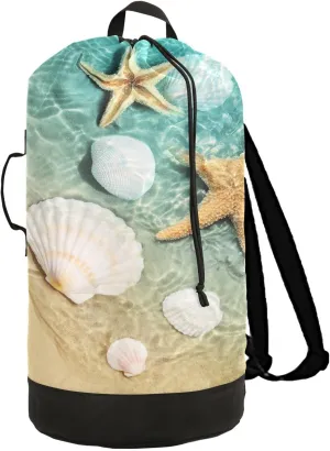 VIGTRO Laundry Bag Backpack Hamper Basket Large Heavy Duty Beach Starfish Summer Printed, Dirty Clothes Organizer with Shoulder Straps Seaside for College Dorm Room Apartment Travel Gym Hotel