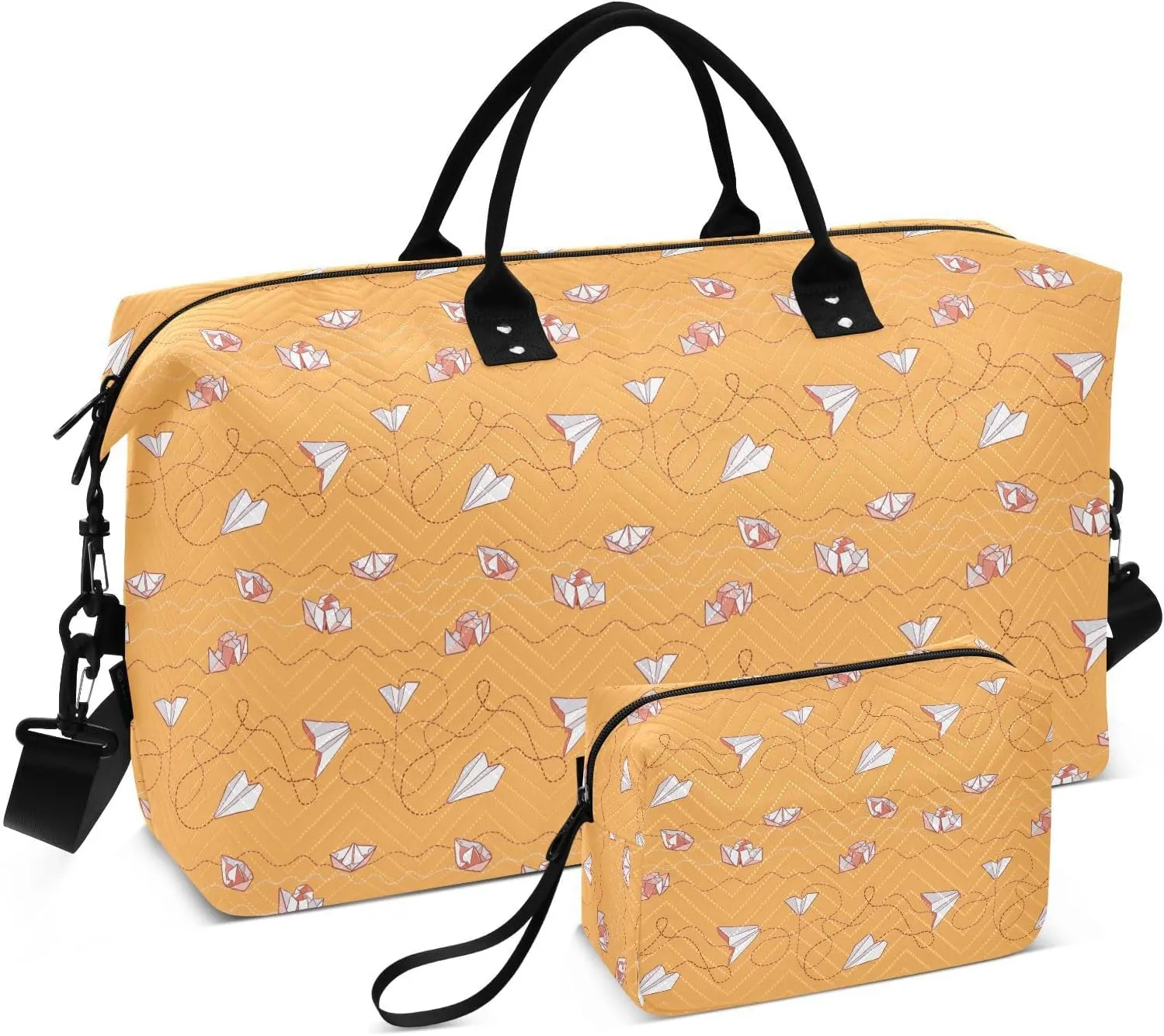 VIGTRO Travel Duffel Bag Weekender Overnight Bag with Toiletry Bag Origami Paper Boats and Paper Planes Printed, Carry On Luggage Bag for Hospital Gym Travel Business, 2 Pcs Set