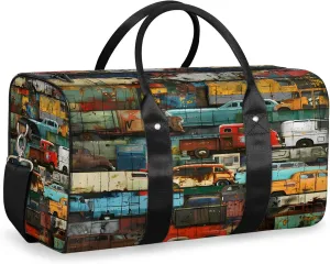 Vintage Car Colorful Travel Duffle Bag, Sports Gym Bags for Women Men, Carry On Weekender Overnight Workout Airplane Trips Bag
