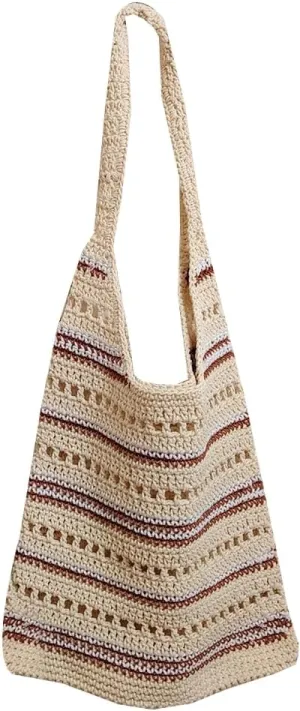 Vintage Crochet Tote Bag for Women Color-Block Striped Boho Shoulder Bag Handwoven Summer Beach Purse for Work Travel