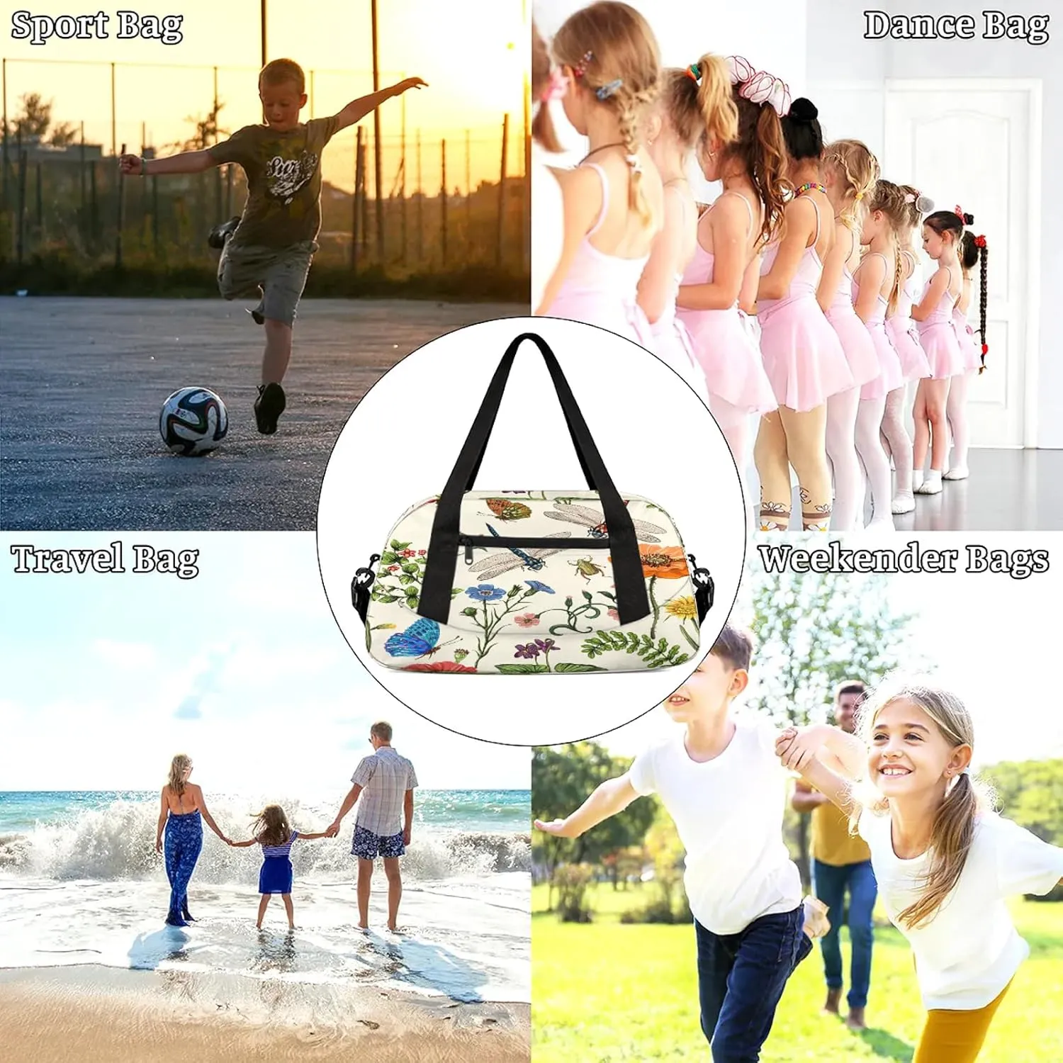 Vintage Dragonfly and Flower Kids Duffel Bag Lightweight Waterproof Sports Gym Bag with Front Zipper Pocket Foldable Weekender Overnight Bag for School Practice Gymnastic Ballet