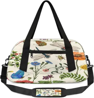Vintage Dragonfly and Flower Kids Duffel Bag Lightweight Waterproof Sports Gym Bag with Front Zipper Pocket Foldable Weekender Overnight Bag for School Practice Gymnastic Ballet