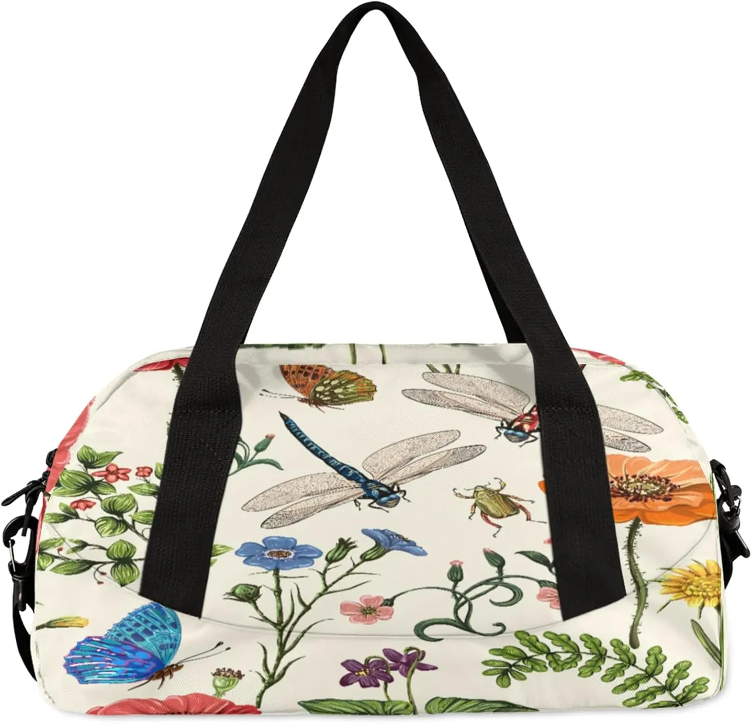 Vintage Dragonfly and Flower Kids Duffel Bag Lightweight Waterproof Sports Gym Bag with Front Zipper Pocket Foldable Weekender Overnight Bag for School Practice Gymnastic Ballet