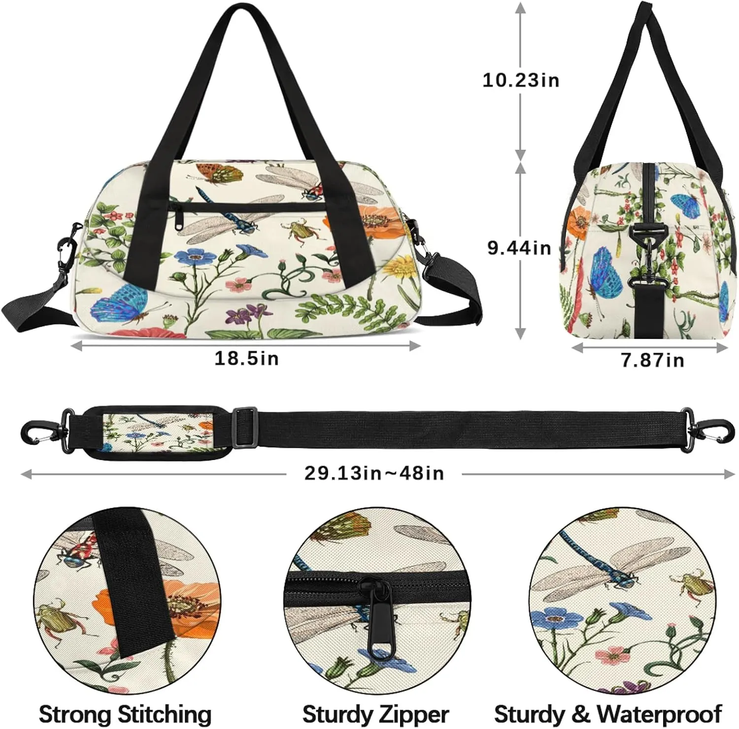 Vintage Dragonfly and Flower Kids Duffel Bag Lightweight Waterproof Sports Gym Bag with Front Zipper Pocket Foldable Weekender Overnight Bag for School Practice Gymnastic Ballet