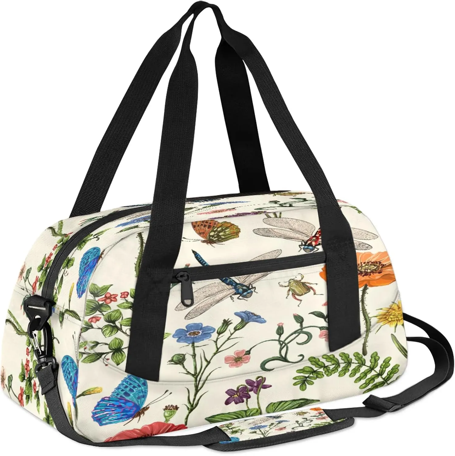 Vintage Dragonfly and Flower Kids Duffel Bag Lightweight Waterproof Sports Gym Bag with Front Zipper Pocket Foldable Weekender Overnight Bag for School Practice Gymnastic Ballet