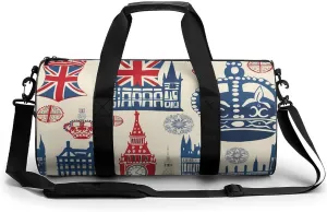 Vintage England London Big Ben Red Blue Crown Gym Bag Cylindrical Sports Bag Travel Duffel Bag with Shoulder Strap