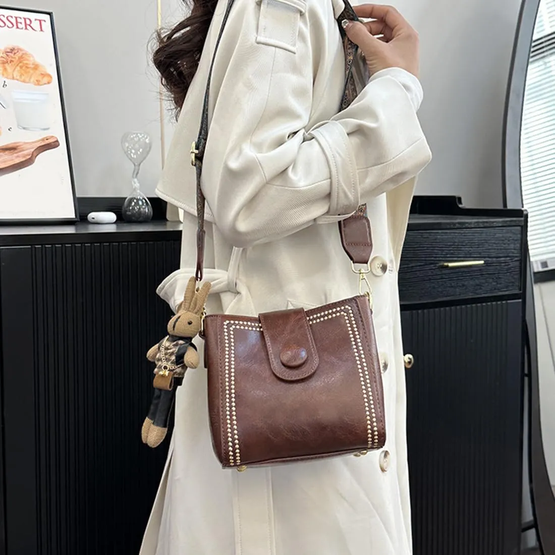 Vintage Fashion Bag with Adjustable Wider Shoulder Strap,Women's Vintage Bucket Bags,Retro Water Bucket Shoulder Bag