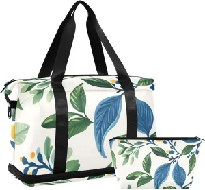 Vintage Floral Motifs Green Leaves Large Gym Bag Gym Carry on Duffel Bags with Toiletry Bag for Business Trips Waterproof