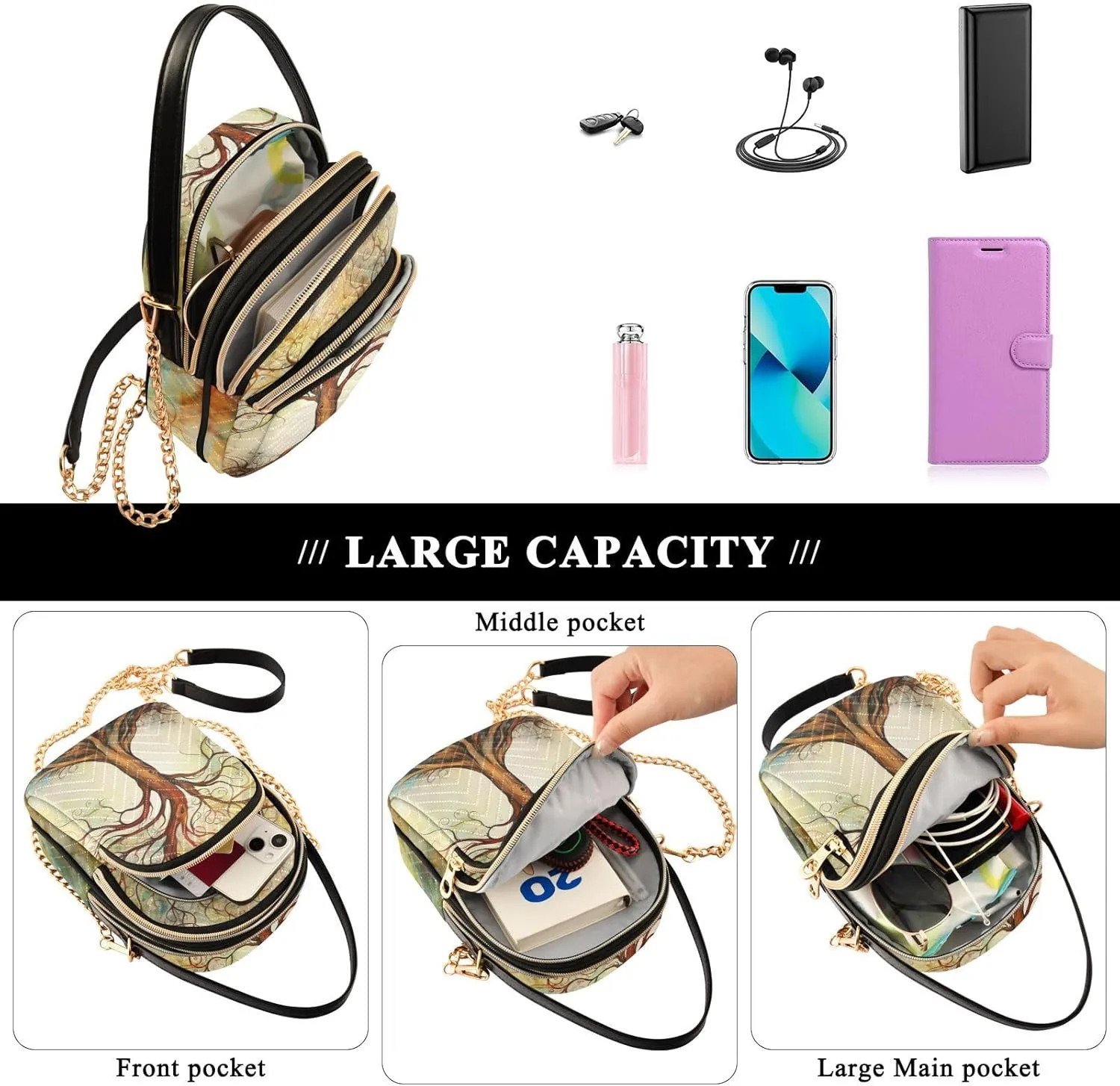Vintage Floral with Blue Roses Triple Compartment Crossbody Bag, Ladies Shoulder Handbags