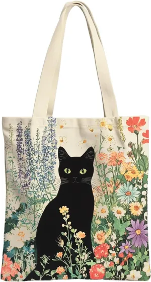 Vintage Garden Black Cat Women's Canvas Bag, Home Shopping Bag, Cute Handbag, Women's Universal Bag