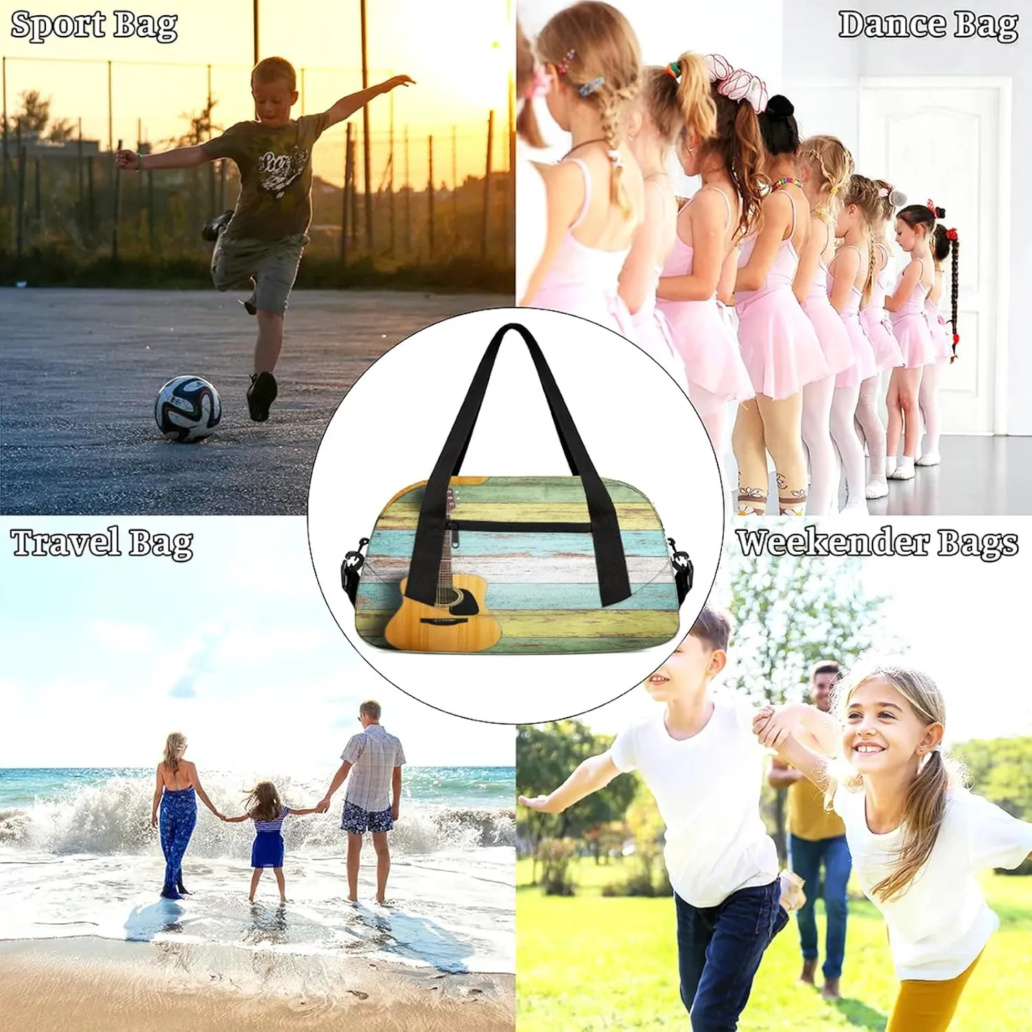 Vintage Guitar Kids Duffel Bag Lightweight Waterproof Sports Gym Bag with Front Zipper Pocket Foldable Weekender Overnight Bag for School Practice Gymnastic Ballet