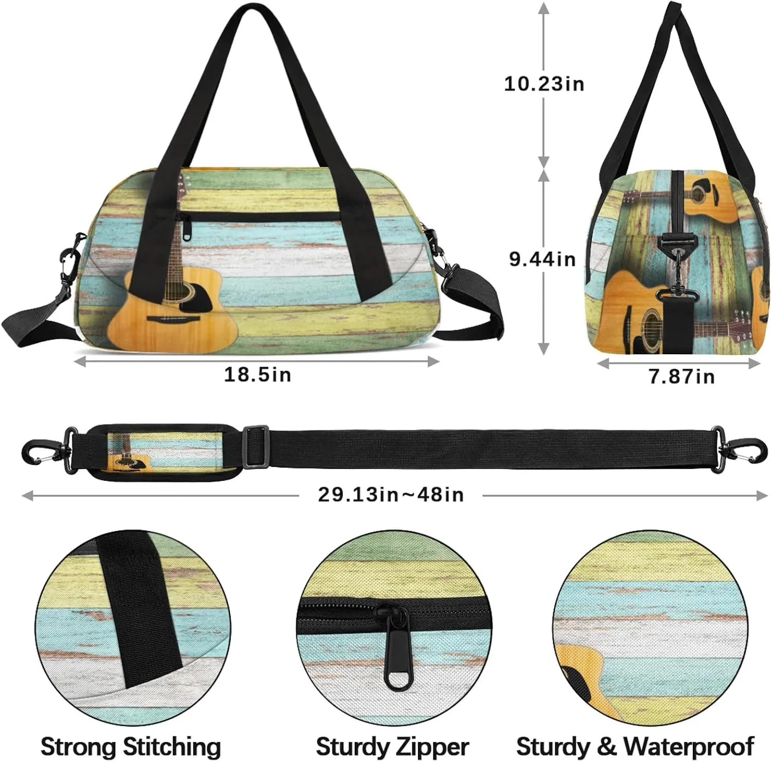 Vintage Guitar Kids Duffel Bag Lightweight Waterproof Sports Gym Bag with Front Zipper Pocket Foldable Weekender Overnight Bag for School Practice Gymnastic Ballet