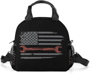 Vintage Mechanic U.S. Flag Portable Lunch Box Crossbody Bag Tote Insulated with Adjustable Strap Work Beach Picnic