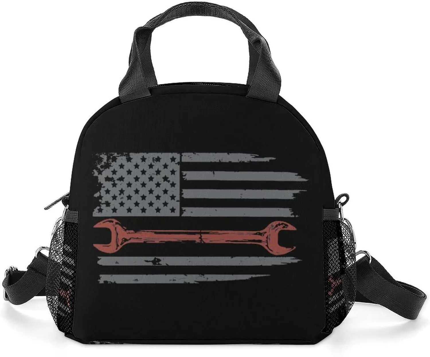 Vintage Mechanic U.S. Flag Portable Lunch Box Crossbody Bag Tote Insulated with Adjustable Strap Work Beach Picnic