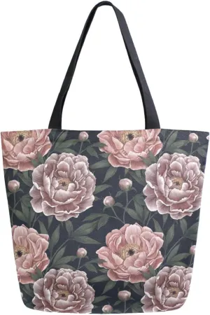 Vintage Moody Flower Pink Floral Canvas Tote Bag for Women with Zipper Pocket Reusable Grocery Shopping Bags Large Travel Shoulder Bag Handbag Bags