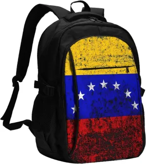 Vintage Venezuelan Venezuela Flags Business Laptop Backpack Travel Backpacks Outdoor Rucksack Large Bag Daypack with USB Charging Port Multi-Pocket for Hiking Camping