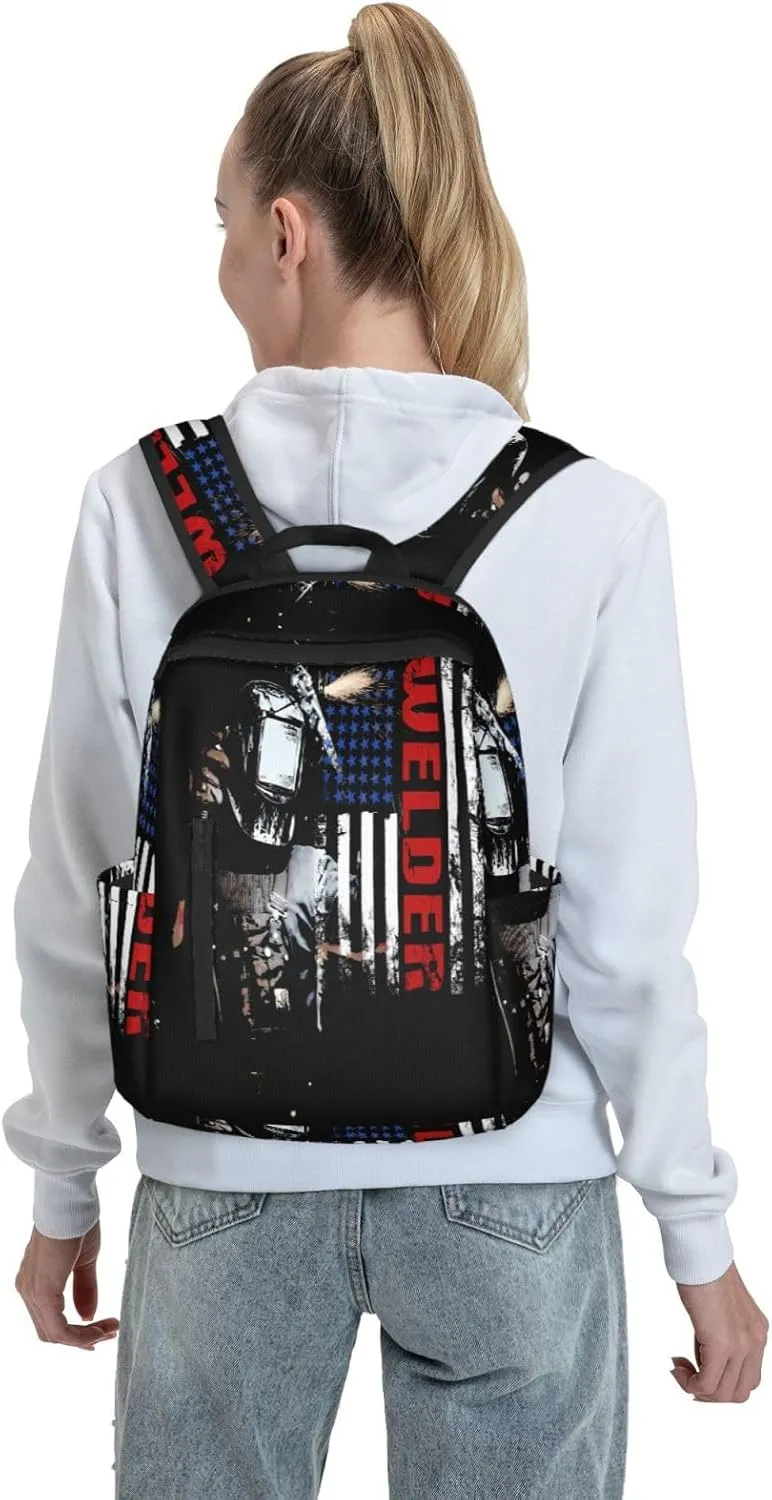 Vintage Welder American Flag Welding Casual Backpacks Laptop Backpack Outdoor Travel Rucksack Sport Carry-On Daypack Lightweight Bag with Multi-Pockets
