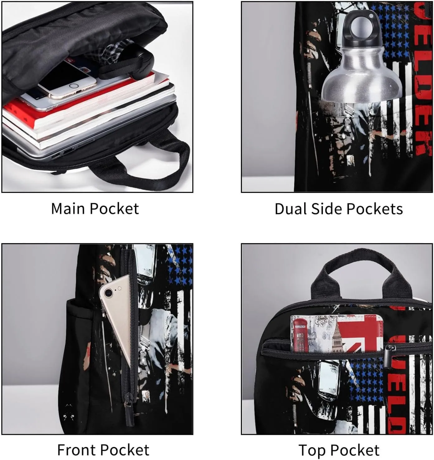 Vintage Welder American Flag Welding Casual Backpacks Laptop Backpack Outdoor Travel Rucksack Sport Carry-On Daypack Lightweight Bag with Multi-Pockets