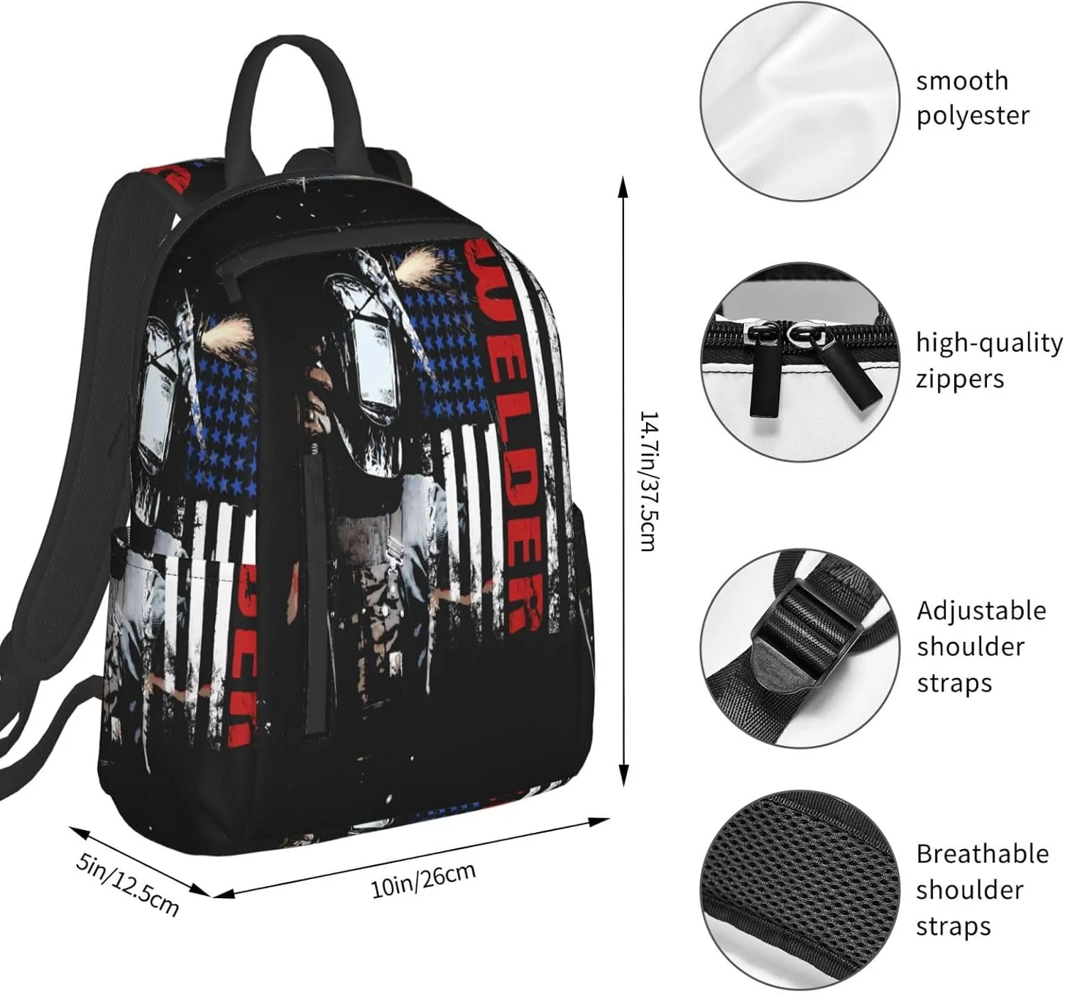 Vintage Welder American Flag Welding Casual Backpacks Laptop Backpack Outdoor Travel Rucksack Sport Carry-On Daypack Lightweight Bag with Multi-Pockets