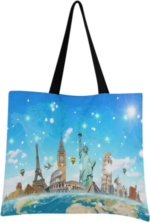 visesunny Famous Landmarks Of World Floral Water Resistant Large Tote Bag with Inner Pocket Shoulder Bag for Gym Beach Travel Daily Bags