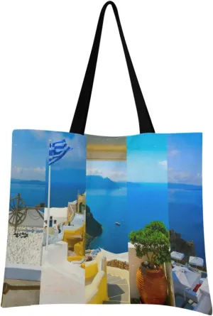 visesunny Santorini Greece Floral Water Resistant Large Tote Bag with Inner Pocket Shoulder Bag for Gym Beach Travel Daily Bags