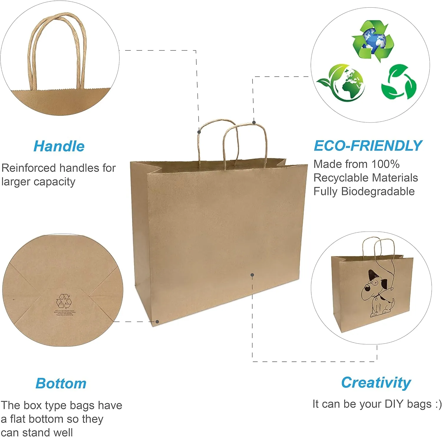Vogue 100 Count Kraft Brown Paper Bags - 16"L x 6"W x 12"H, Twisted Handle, High Capacity, Perfect for Takeout, Wedding, Party Favor, Thank You, Shopping, Retail Bags