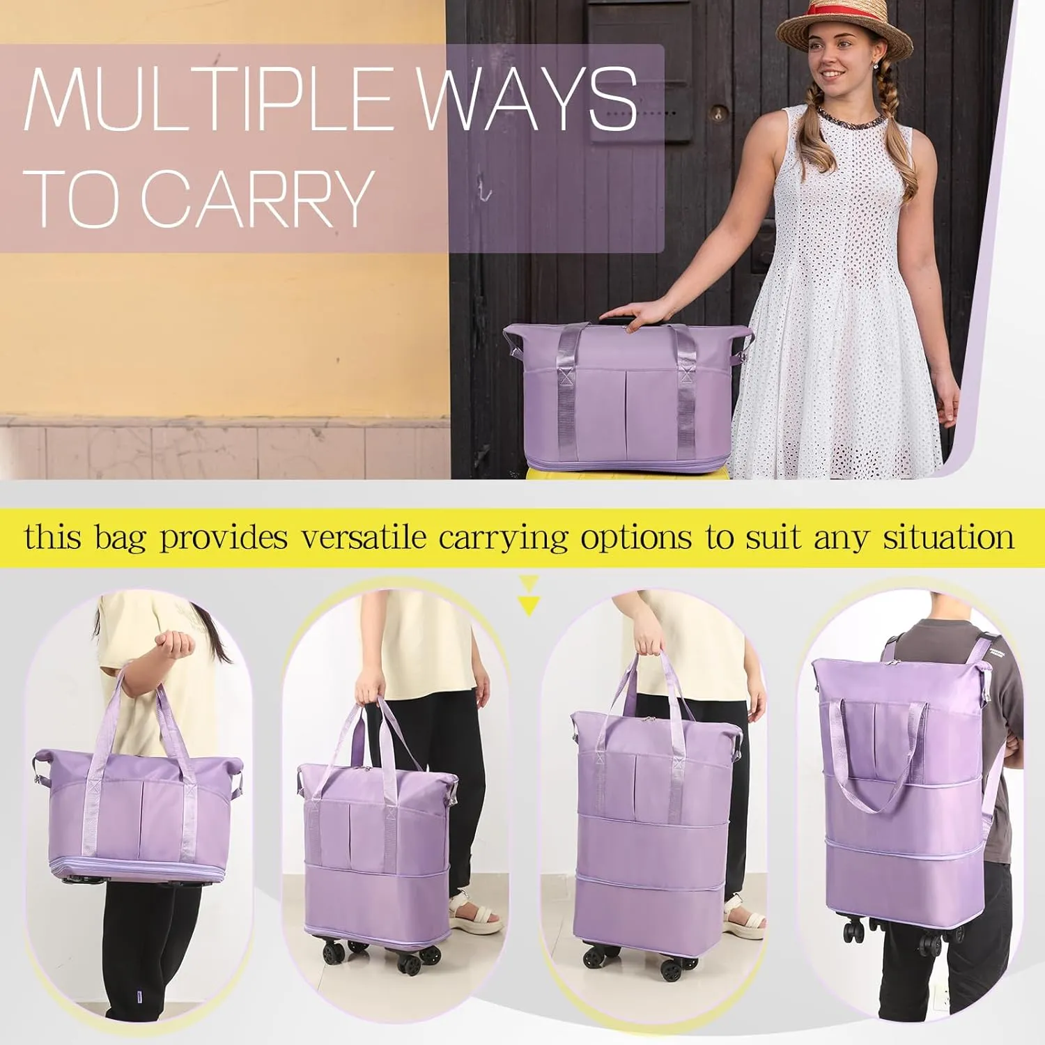 VOOWO Duffel Bag with Wheels - Rolling Foldable Expandable Duffle Bag with Wheels for Travel, Rolling Luggage Bag Carry On Travel Bag with Wheels, Large Wheeled Overnight Weekender Bag (Light Purple)