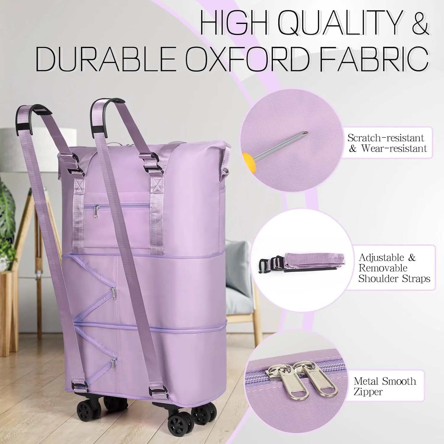 VOOWO Duffel Bag with Wheels - Rolling Foldable Expandable Duffle Bag with Wheels for Travel, Rolling Luggage Bag Carry On Travel Bag with Wheels, Large Wheeled Overnight Weekender Bag (Light Purple)