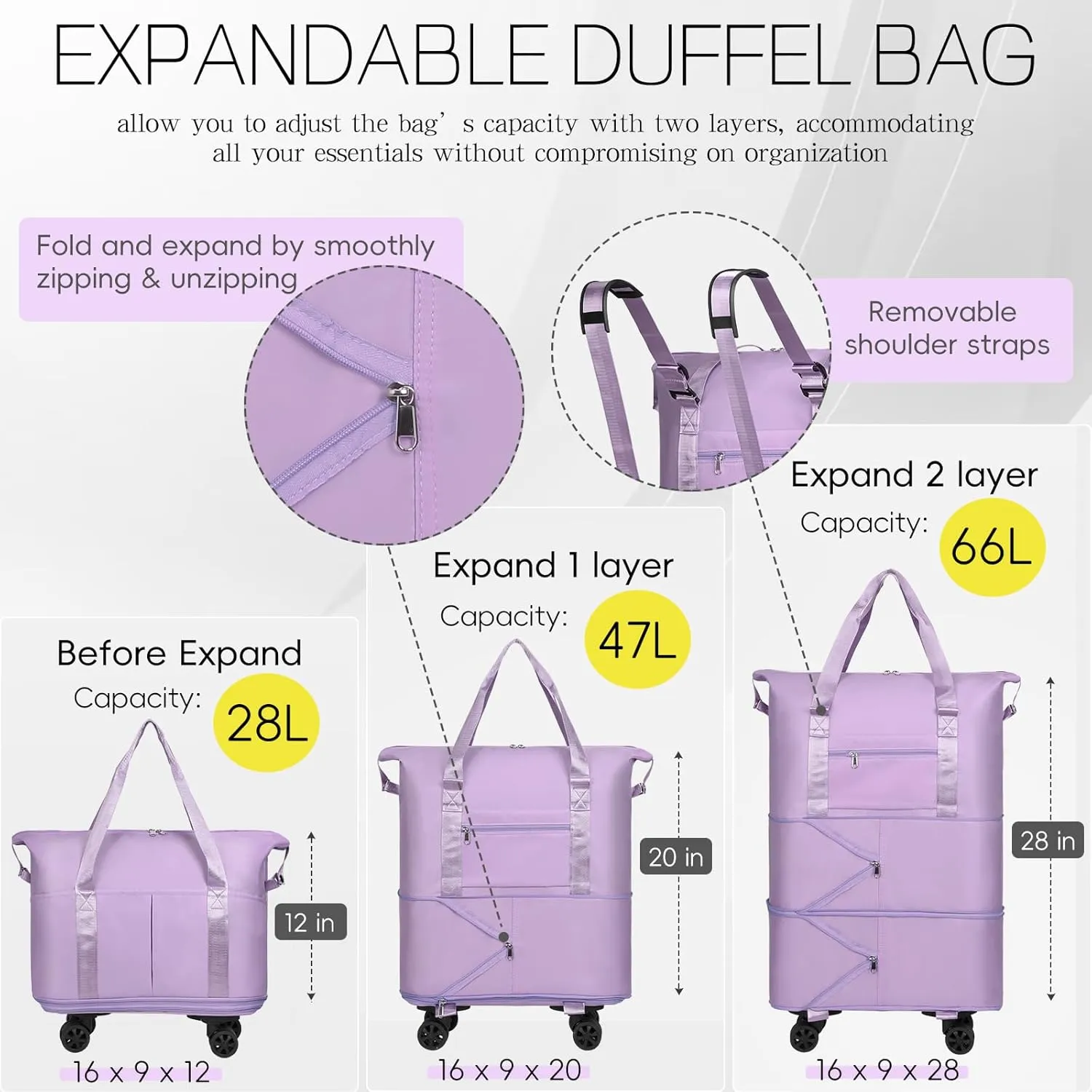 VOOWO Duffel Bag with Wheels - Rolling Foldable Expandable Duffle Bag with Wheels for Travel, Rolling Luggage Bag Carry On Travel Bag with Wheels, Large Wheeled Overnight Weekender Bag (Light Purple)
