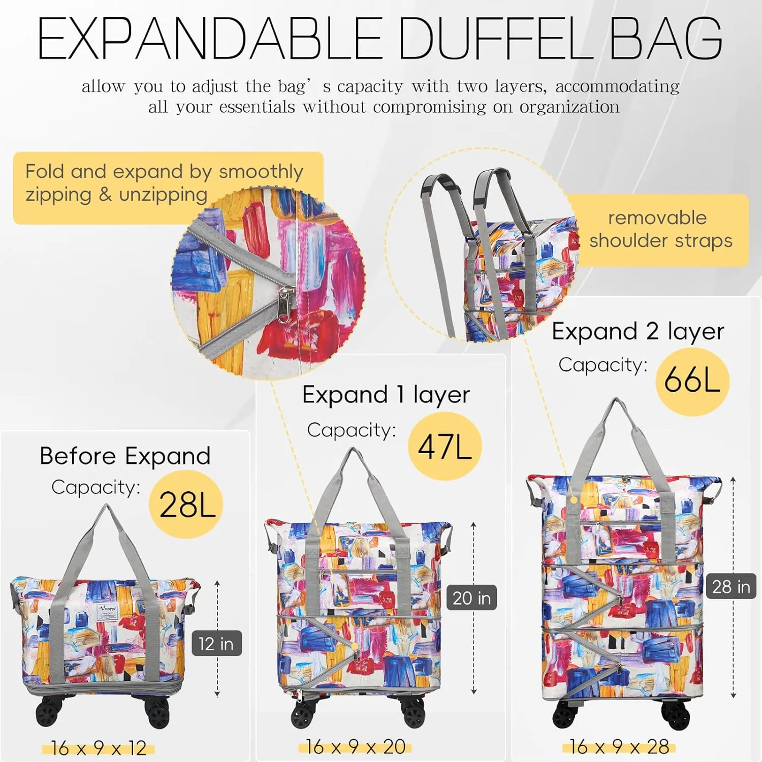 VOOWO Duffel Bag with Wheels - Rolling Foldable Expandable Duffle Bag with Wheels for Travel, Rolling Luggage Carry On Bag with Wheels, Large Rolling Backpack Weekend Bags for Men Women (Gray)
