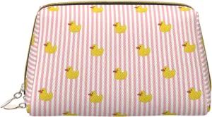 VOSERY Makeup Bag, Cosmetic Bags Travel Toiletry Bag for Women, Large Capacity Makeup Bag Organizer, Pink Striped Cute Duck Make up Bag, Cute Makeup Pouch, Waterproof Leather Makeup Case