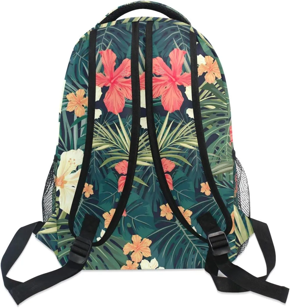 Wamika Tropical Banana Palm Leaf Backpack for Girls Kids Summer Hibiscus Flowers School Book Bag Casual Extra Durable Waterproof Student Laptop Backpacks Lightweight Travel Sports Day Packs