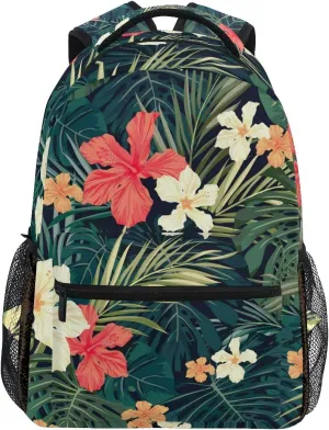 Wamika Tropical Banana Palm Leaf Backpack for Girls Kids Summer Hibiscus Flowers School Book Bag Casual Extra Durable Waterproof Student Laptop Backpacks Lightweight Travel Sports Day Packs
