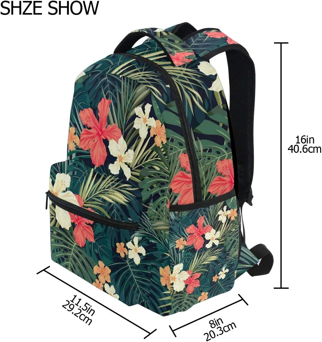 Wamika Tropical Banana Palm Leaf Backpack for Girls Kids Summer Hibiscus Flowers School Book Bag Casual Extra Durable Waterproof Student Laptop Backpacks Lightweight Travel Sports Day Packs