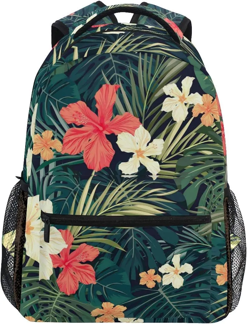 Wamika Tropical Banana Palm Leaf Backpack for Girls Kids Summer Hibiscus Flowers School Book Bag Casual Extra Durable Waterproof Student Laptop Backpacks Lightweight Travel Sports Day Packs