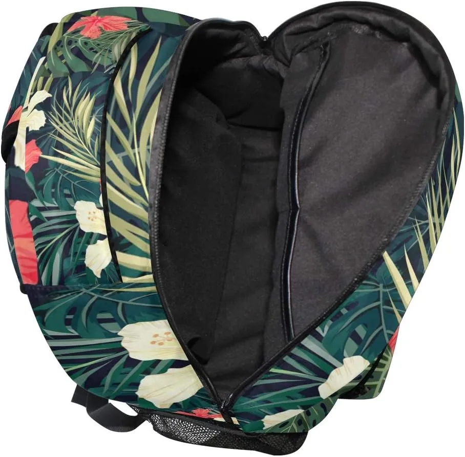 Wamika Tropical Banana Palm Leaf Backpack for Girls Kids Summer Hibiscus Flowers School Book Bag Casual Extra Durable Waterproof Student Laptop Backpacks Lightweight Travel Sports Day Packs