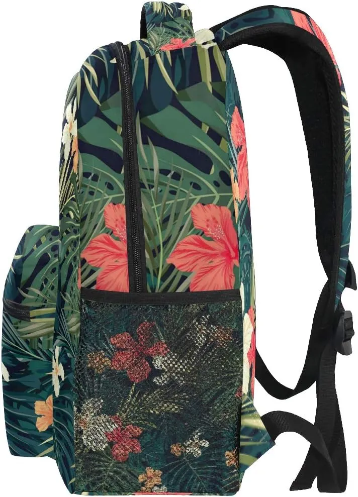 Wamika Tropical Banana Palm Leaf Backpack for Girls Kids Summer Hibiscus Flowers School Book Bag Casual Extra Durable Waterproof Student Laptop Backpacks Lightweight Travel Sports Day Packs