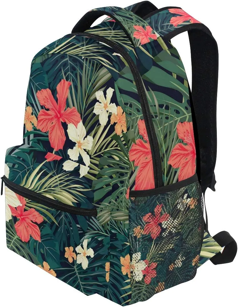 Wamika Tropical Banana Palm Leaf Backpack for Girls Kids Summer Hibiscus Flowers School Book Bag Casual Extra Durable Waterproof Student Laptop Backpacks Lightweight Travel Sports Day Packs