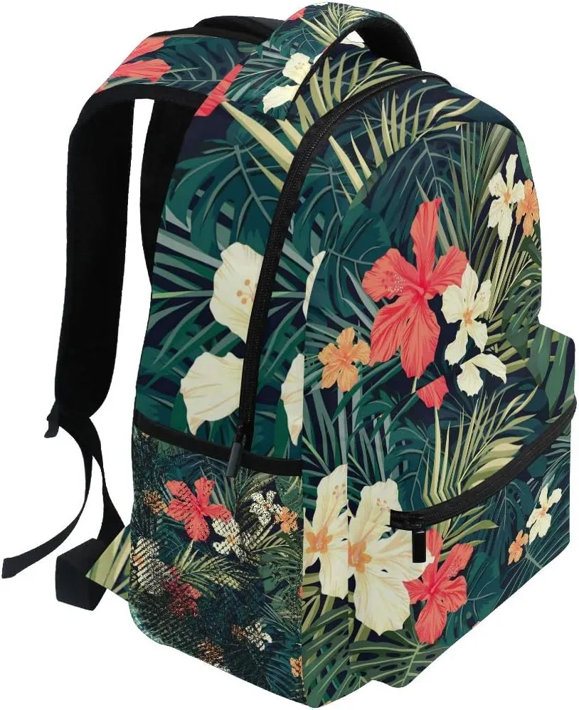 Wamika Tropical Banana Palm Leaf Backpack for Girls Kids Summer Hibiscus Flowers School Book Bag Casual Extra Durable Waterproof Student Laptop Backpacks Lightweight Travel Sports Day Packs