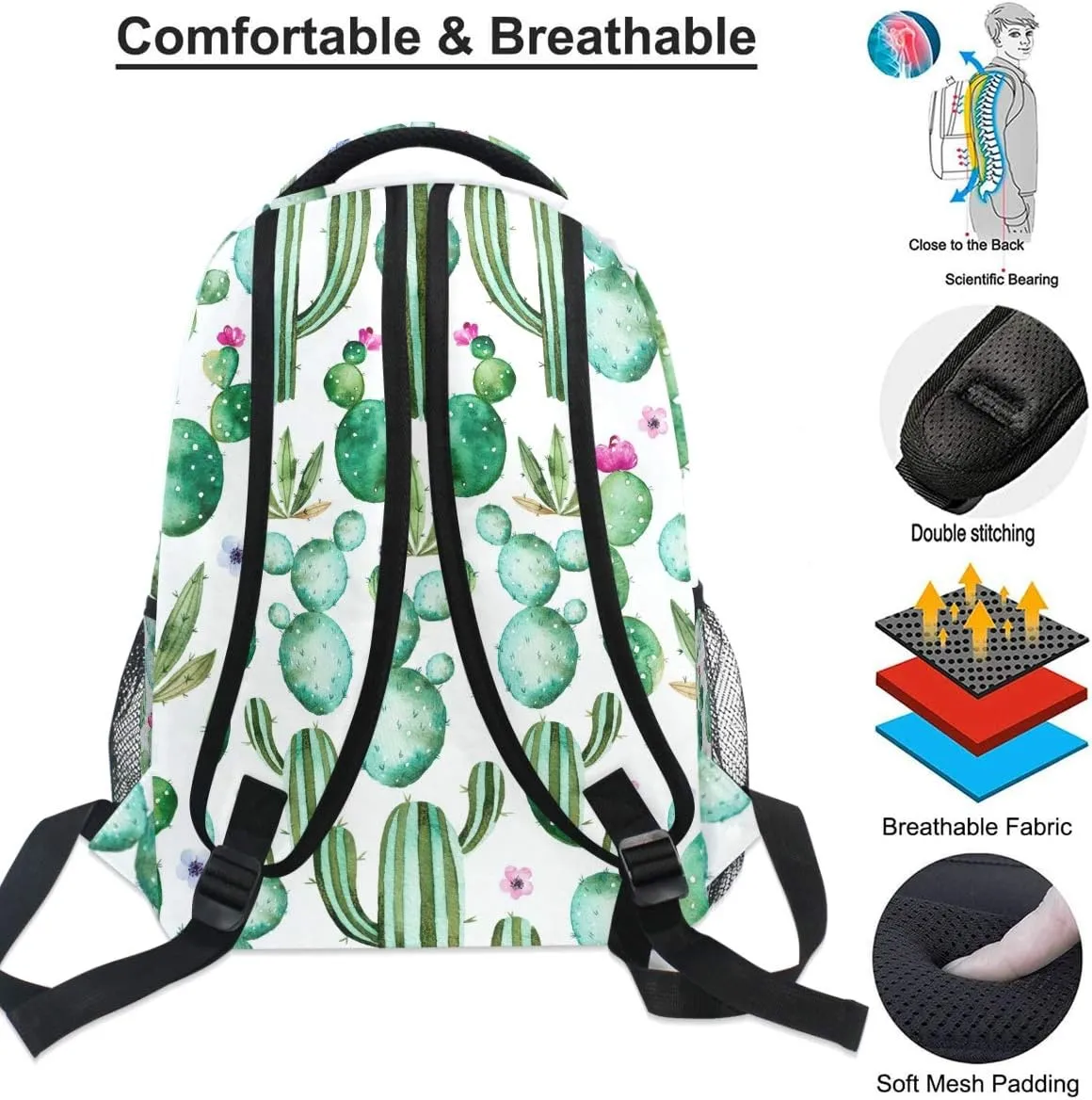Wamika Watercolor Cactus Backpacks for Girls Kids Boys Tropical Desert Plant Cacti School Book Bags Waterproof Student Laptop Backpack College Carrying Bag Casual Lightweight Travel Sports Day packs
